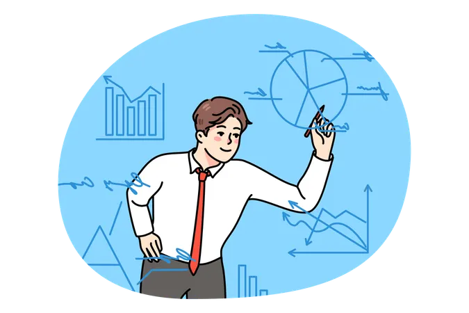 Businessman work with graphs in company office  Illustration