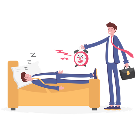 Businessman worker having bad dreams boss with say wake up  Illustration
