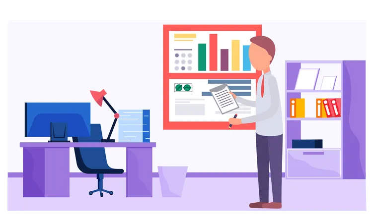 Businessman working and analyzing financial statistics in the office. The guy is writing data  Illustration