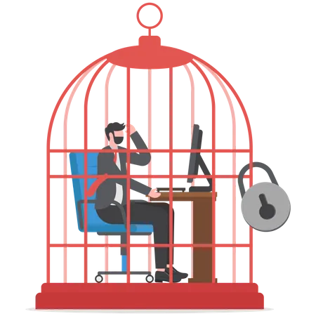 Businessman working at desk trapped inside birdcage  Illustration