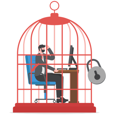 Businessman working at desk trapped inside birdcage  Illustration