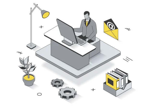 Business Office Concept In 3 D Isometric Outline Design Employee Works On Computer At Workplace Workflow And Document Management In Company Line Web Template Vector Illustration With People Scene Illustration