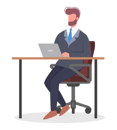 Man In A Suit Sitting At The Desk And Working On The Computer Professional Office Worker At The Workplace Notebook On The Table Vector Illustration In Cartoon Style Illustration