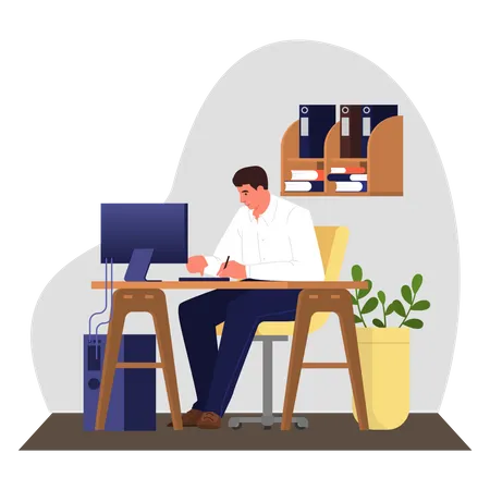 Man In A Suit Sitting At The Desk And Working On The Computer Professional Office Worker At The Workplace Pile Of Paper Document On The Table Vector Illustration In Cartoon Style Illustration