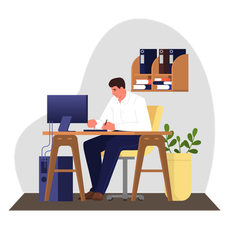 Businessman working at office desk  Illustration