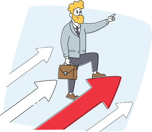 Business Man Stand On Huge Rising Arrow Show Direction Male Character Move To Success On Growing Arrow Chart Leader On Top Financial Success Career Growth Concept Linear Vector Illustration Illustration