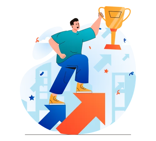 Business Award Concept In Modern Flat Design Businessman Holding Gold Cup And Moves Up On Arrow Triumph Profit Growth Achievement Of Career Goals Leadership In Competition Vector Illustration Illustration