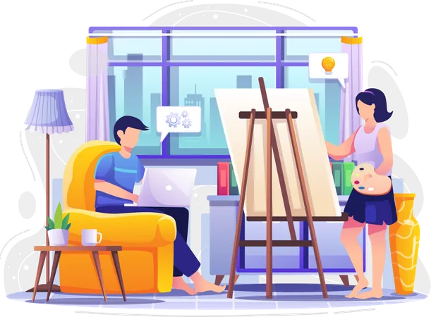 Businessman working from home and wife making art  Illustration