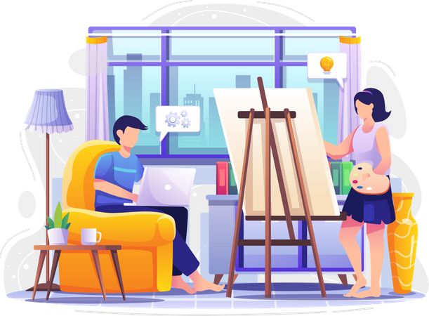 Businessman working from home and wife making art  イラスト
