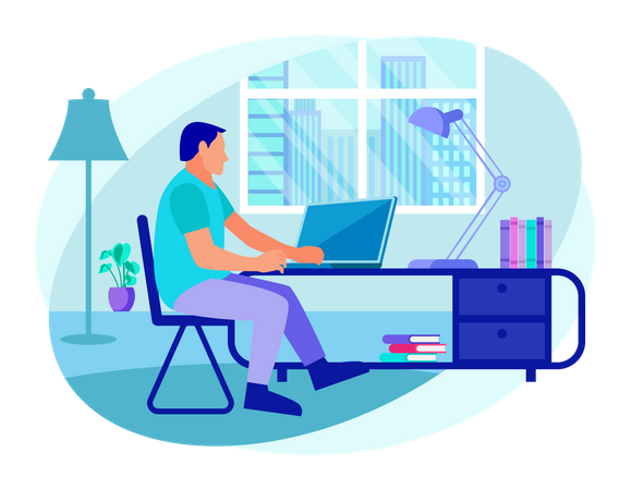 Businessman working from home on desk  Illustration