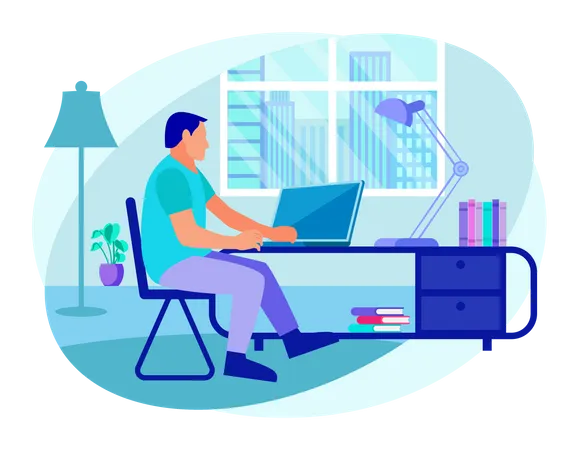 Businessman working from home on desk  Illustration