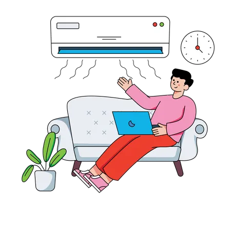 Businessman working from home sitting below AC  Illustration