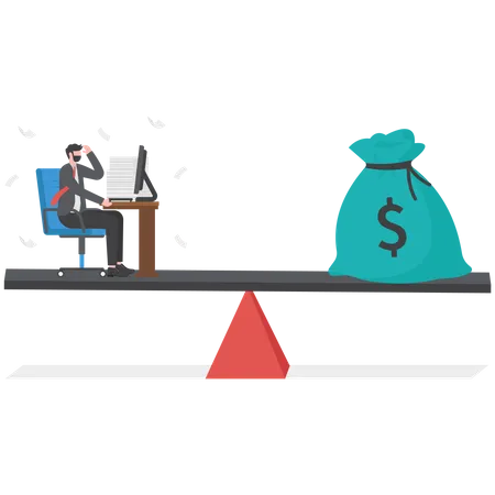 Businessman working hard on busy desk seesaw balance with wages money bag  Illustration