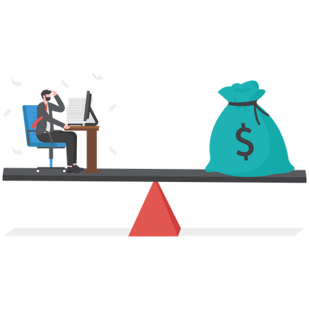 Businessman working hard on busy desk seesaw balance with wages money bag  Illustration