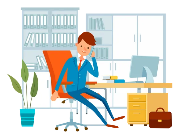 Businessman Working At The Computer Sitting At A Table In Office Space Smiling Man Dressed Formally Talking On The Phone Freelancer Doing Work On The Computer Student Studying Remotely At Home Illustration