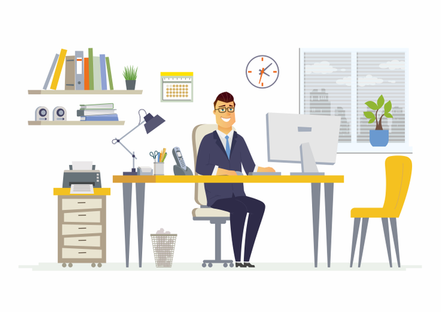 Businessman Working In Office On Desk Illustration
