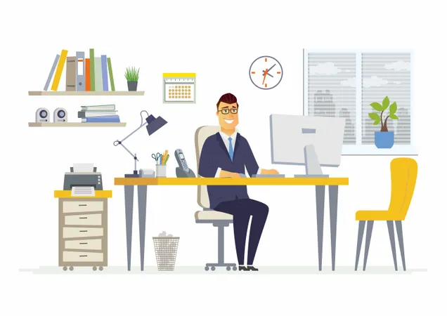 Businessman Working In Office On Desk  Illustration