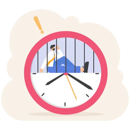 Businessman Working In The Prison Big Clock In Time Vector Illustration Cartoon Illustration