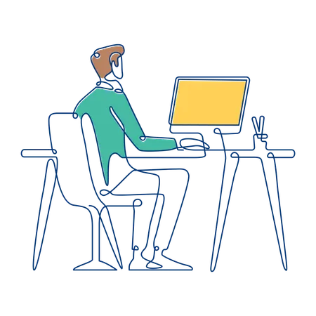 Businessman Working in Workspace Using Laptop  Illustration