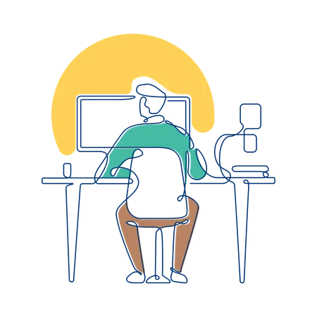 Businessman Working in Workspace Using Laptop  Illustration