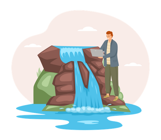 Businessman working near waterfall  Illustration