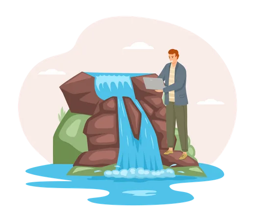 Businessman working near waterfall  Illustration