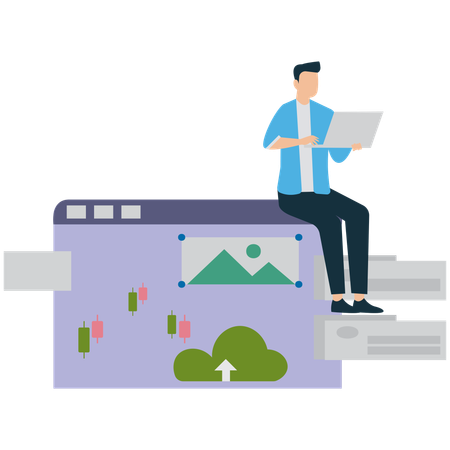 Businessman Working on a Laptop over Infographic Charts  Illustration