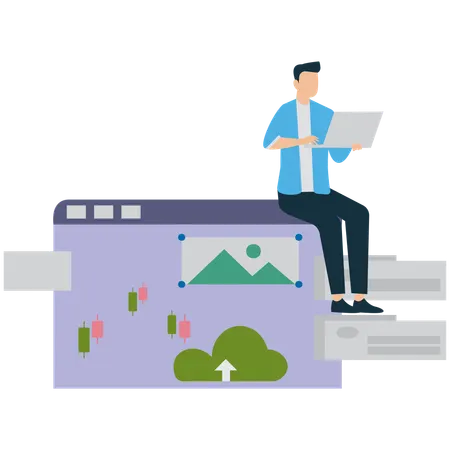 Businessman Working on a Laptop over Infographic Charts  Illustration