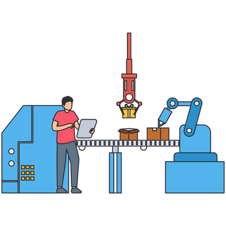 Businessman working on automated packaging machine  Illustration