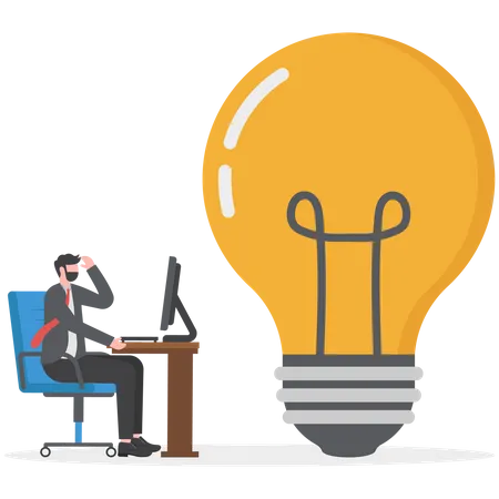 Businessman Working On Computer And Getting Business Idea  Illustration
