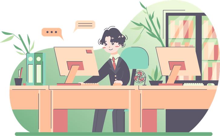 Businessman working on computer at office  Illustration