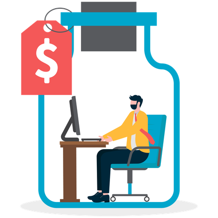Businessman working on computer under bottle  Illustration