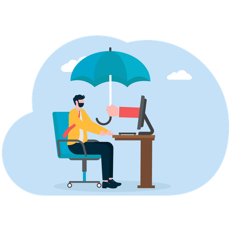 Businessman working on computer while getting employee insurance  Illustration