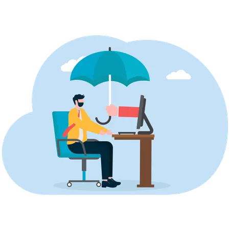 Businessman working on computer while getting employee insurance  Illustration
