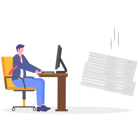 Businessman working on computer while have lots of paper work  Illustration