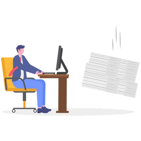 Businessman working on computer while have lots of paper work  Illustration