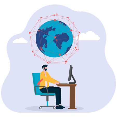 Businessman working on computer while making global connection  Illustration