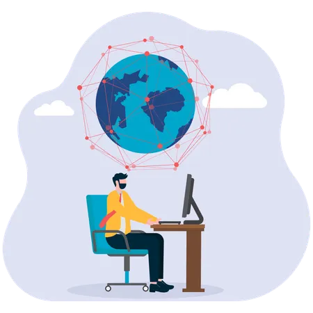 Businessman working on computer while making global connection  Illustration