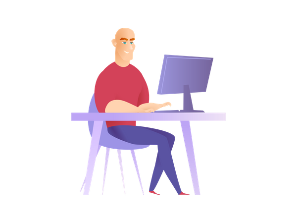 Businessman Working on computer while seating on desk Illustration