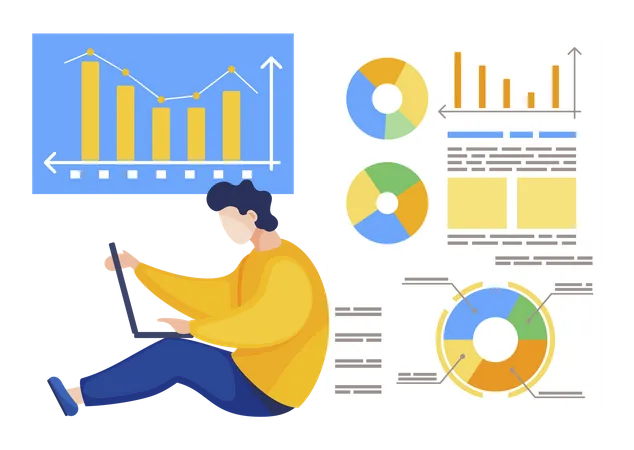 Man Sitting Near Board Alone At Office Analytics And Statistics Graphics And Colorful Diagrams On Presentation Guy Work On Laptop On Project Plan Financial Report Vector Illustration In Flat Style Illustration