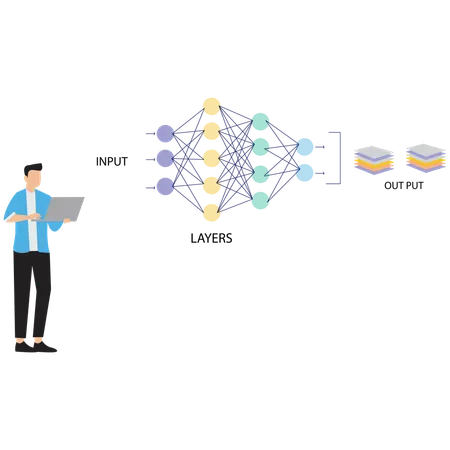 Businessman working on Deep Learning Neural Layers  Illustration