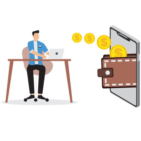 Businessman working on dollars on laptop  Illustration