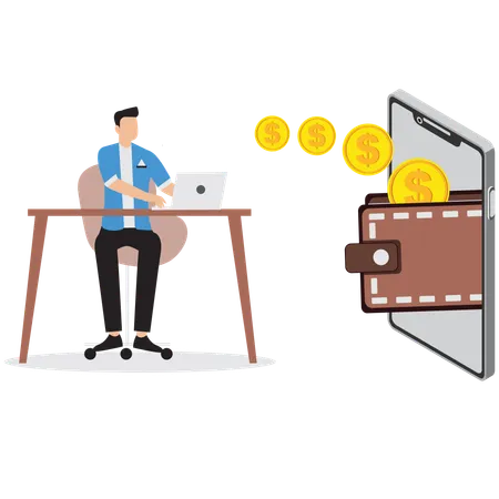 Businessman working on dollars on laptop  Illustration