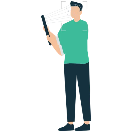 Businessman working on Facial Recognition Security System  Illustration