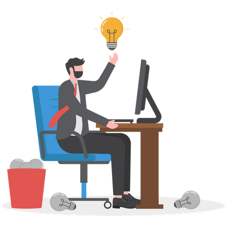 Businessman working on his laptop pointing finger up at a bright light bulb  Illustration