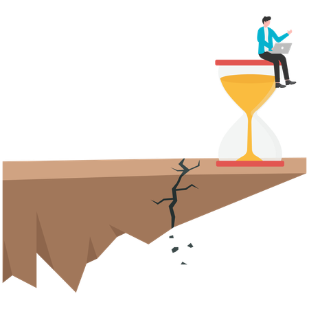 Businessman working on hourglass on cracked cliff edge  Illustration