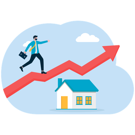 Businessman working on house rising graph  Illustration