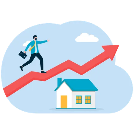 Businessman working on house rising graph  Illustration