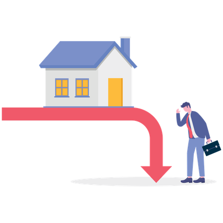 Businessman working on housing price falling down  Illustration