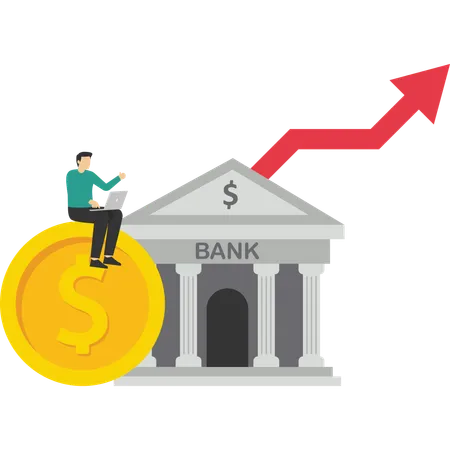 Economic Banking Business Growth Bank Building With Money Bag And Coins Growth Arrow Like Upward Steps Illustration